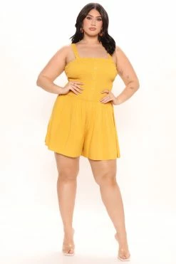 Fashion Nova Shelley Smocked Romper - Mustard Rompers