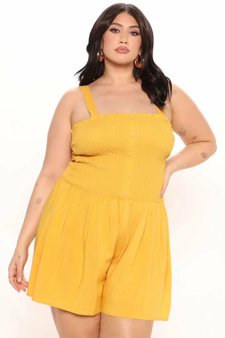 Fashion Nova Shelley Smocked Romper - Mustard Rompers