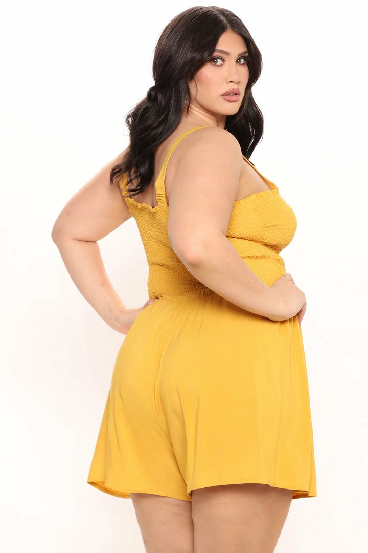 Fashion Nova Shelley Smocked Romper - Mustard Rompers