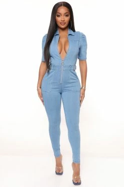 Fashion Nova Buckle Up Denim Jumpsuit - Medium Wash