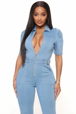 Fashion Nova Buckle Up Denim Jumpsuit - Medium Wash