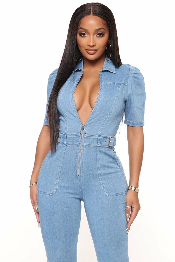 Fashion Nova Buckle Up Denim Jumpsuit - Medium Wash