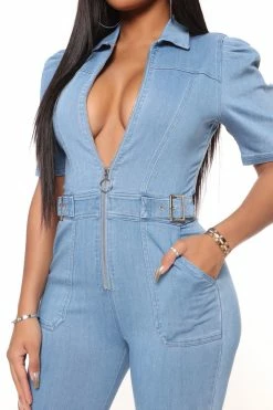 Fashion Nova Buckle Up Denim Jumpsuit - Medium Wash