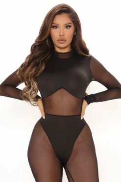 Fashion Nova Jumpsuits Late Night Mesh Jumpsuit - Black