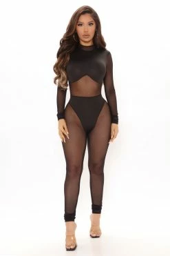 Fashion Nova Jumpsuits Late Night Mesh Jumpsuit - Black