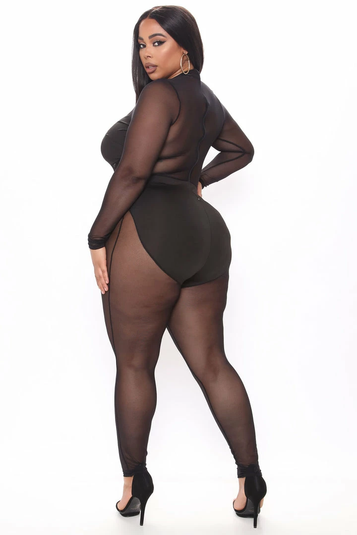 Fashion Nova Jumpsuits Late Night Mesh Jumpsuit - Black