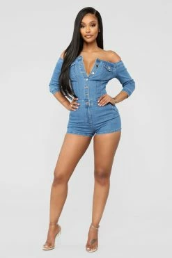 Fashion Nova Rompers Perfect Day Off Shoulder Denim Romper - Medium Wash