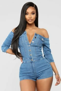 Fashion Nova Rompers Perfect Day Off Shoulder Denim Romper - Medium Wash