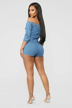 Fashion Nova Rompers Perfect Day Off Shoulder Denim Romper - Medium Wash