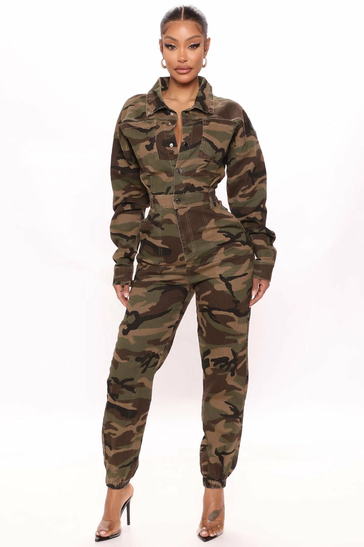 Fashion Nova Daniela Long Sleeve Camo Jumpsuit - Camouflage