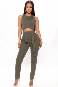 Fashion Nova Cut Out The Haters Denim Jumpsuit - Olive Jumpsuits