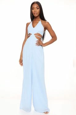 Fashion Nova Beach Views Chiffon Jumpsuit - Light Blue Wide Leg Jumpsuits