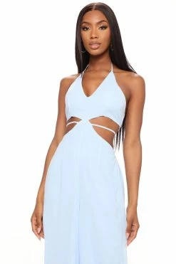 Fashion Nova Beach Views Chiffon Jumpsuit - Light Blue Wide Leg Jumpsuits
