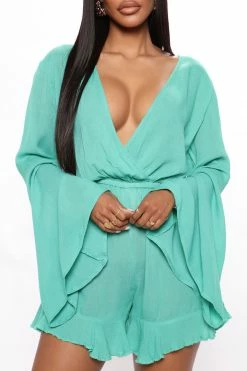 Fashion Nova Beachy Summers Romper - Green