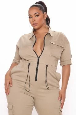 Fashion Nova Bootcamp Solid Jumpsuit - Khaki/combo