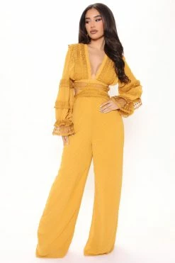 Fashion Nova Jumpsuits Clarissa Chiffon Jumpsuit - Mustard