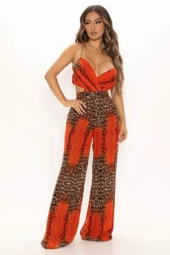 Fashion Nova All About Me Leopard Jumpsuit - Orange/combo Jumpsuits