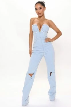 Fashion Nova Wide Leg Jumpsuits Veronica Denim Jumpsuit - Light Wash