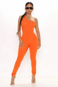 Fashion Nova Jumpsuits Nova Season One Shoulder Jumpsuit - Orange
