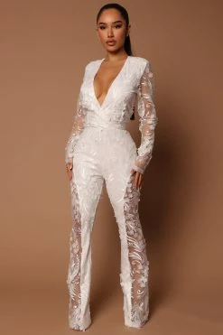 Fashion Nova Chantal Long Sleeve Lace Jumpsuit - White