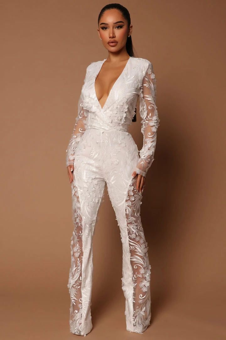 Fashion Nova Chantal Long Sleeve Lace Jumpsuit - White