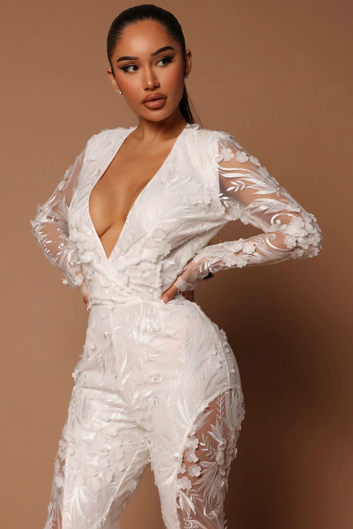 Fashion Nova Chantal Long Sleeve Lace Jumpsuit - White