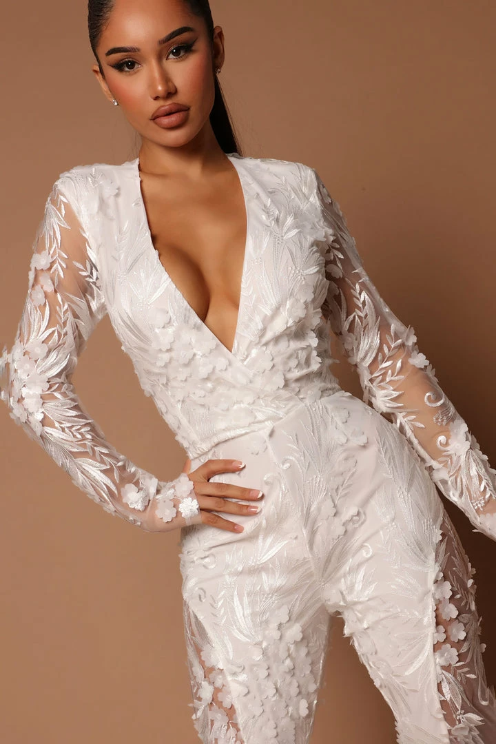 Fashion Nova Chantal Long Sleeve Lace Jumpsuit - White