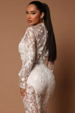 Fashion Nova Chantal Long Sleeve Lace Jumpsuit - White
