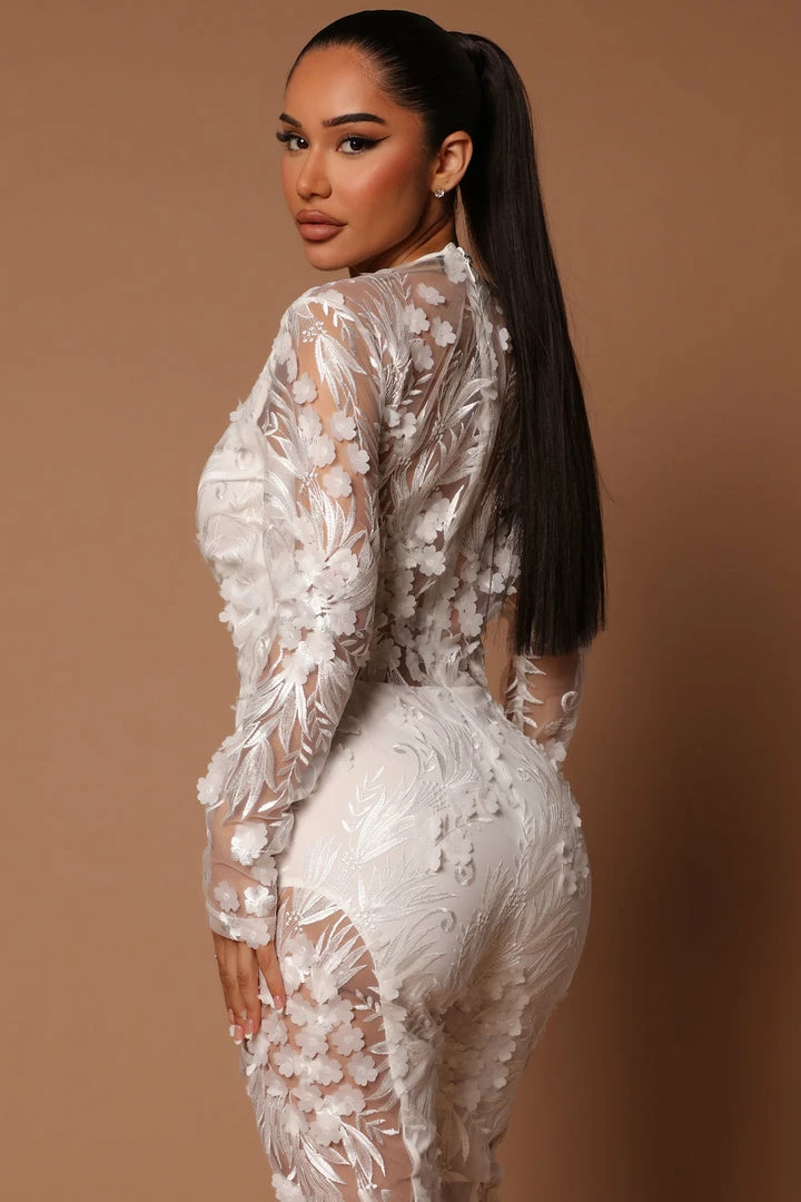 Fashion Nova Chantal Long Sleeve Lace Jumpsuit - White