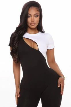 Fashion Nova Built In Comfort Color Block Jumpsuit - Black/White Jumpsuits