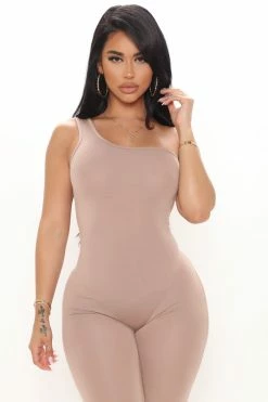 Fashion Nova Jumpsuits Nova Season One Shoulder Jumpsuit - Mocha