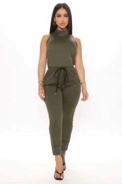 Fashion Nova Jumpsuits Time To Lounge Jumpsuit - Olive