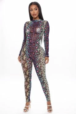 Fashion Nova Jumpsuits Sassy Slither Snake Jumpsuit - Purple/combo