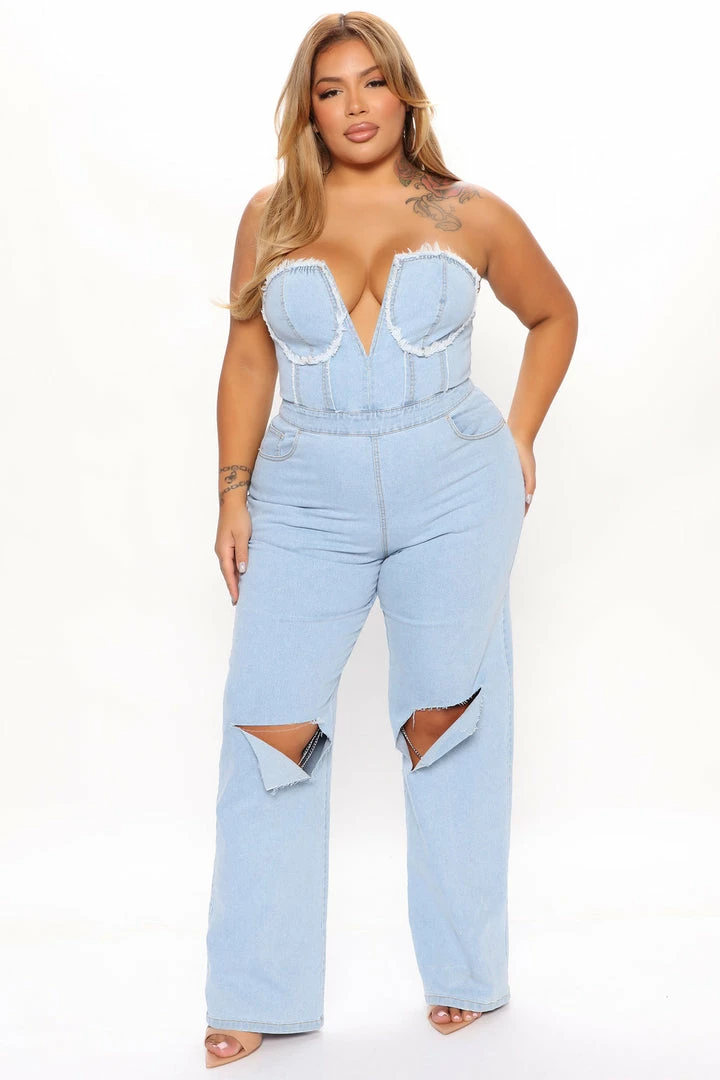Fashion Nova Wide Leg Jumpsuits Veronica Denim Jumpsuit - Light Wash