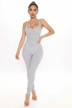 Fashion Nova Sticking Around Ribbed Jumpsuit - Heather Grey Jumpsuits