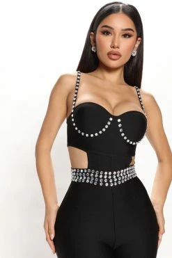 Fashion Nova Keep Shinning Embellished Romper - Black Rompers