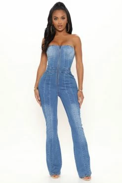 Fashion Nova Wide Leg Jumpsuits Denim Sweetheart Jumpsuit - Medium Wash
