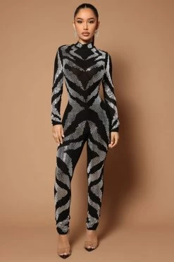 Fashion Nova Jumpsuits Gia Embellished Mesh Jumpsuit - Black/combo