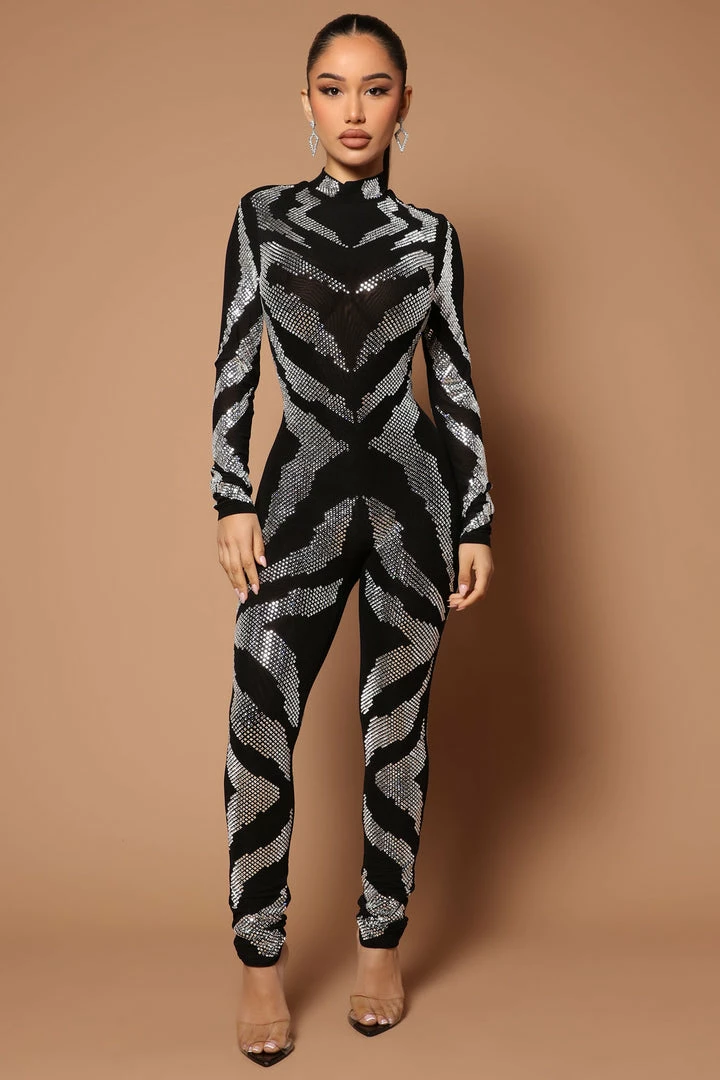 Fashion Nova Jumpsuits Gia Embellished Mesh Jumpsuit - Black/combo