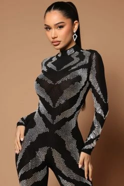 Fashion Nova Jumpsuits Gia Embellished Mesh Jumpsuit - Black/combo
