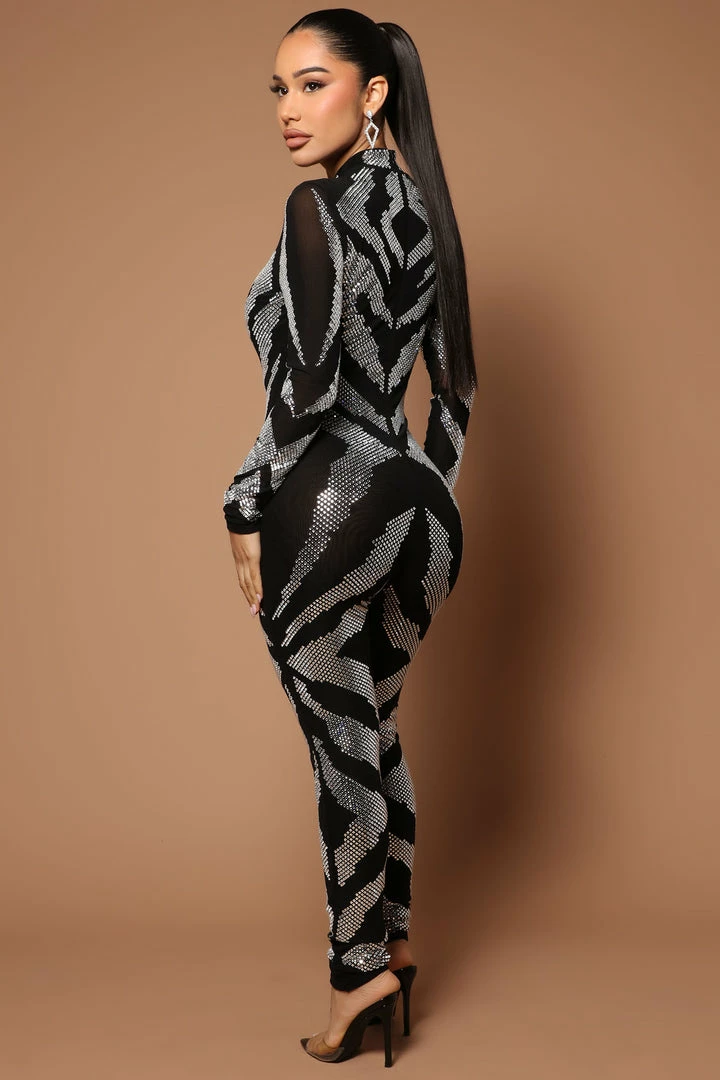 Fashion Nova Jumpsuits Gia Embellished Mesh Jumpsuit - Black/combo