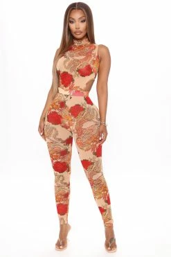 Fashion Nova Match My Beauty Mesh Jumpsuit - Taupe/combo Jumpsuits