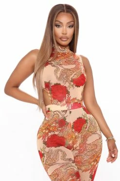 Fashion Nova Match My Beauty Mesh Jumpsuit - Taupe/combo Jumpsuits
