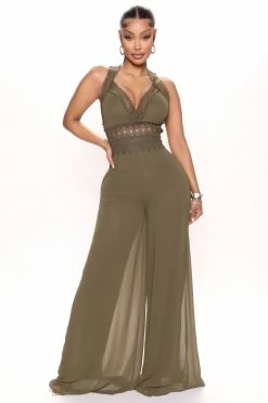 Fashion Nova Wide Leg Jumpsuits Celeste Chiffon Jumpsuit - Olive
