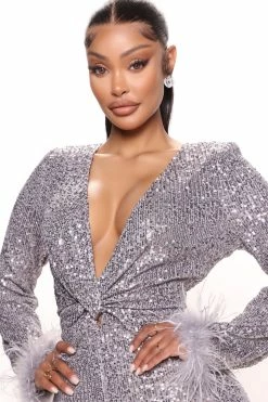 Fashion Nova Stella Sequin Feather Jumpsuit - Grey Wide Leg Jumpsuits