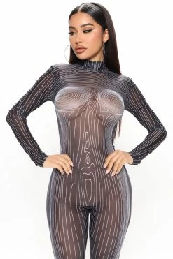 Fashion Nova Centerpiece Mesh Jumpsuit - Black/combo