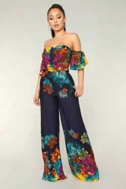Fashion Nova Mia Tropical Jumpsuit - Navy