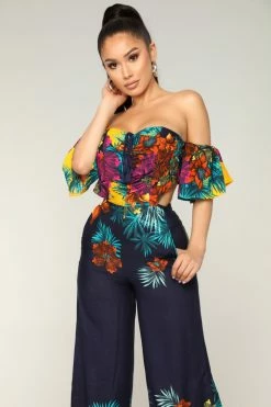 Fashion Nova Mia Tropical Jumpsuit - Navy