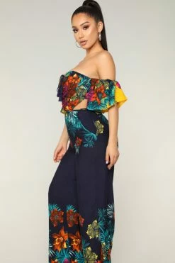 Fashion Nova Mia Tropical Jumpsuit - Navy