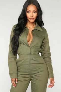 Fashion Nova Jumpsuits Aviator Babe Jumpsuit - Olive